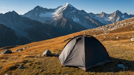 black tent for camping on a high mountain background
