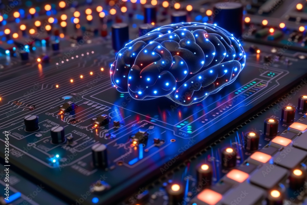 Poster brain model on a digital motherboard with blue and orange lighting representing advanced neural circ