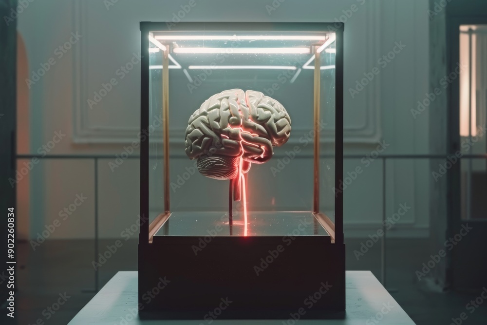 Poster Illuminated brain model in a high tech display case with futuristic design elements