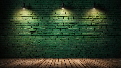 green brick wall with grungy texture and spotlight for background