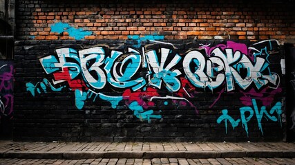 black brick wall with grungy texture and graffiti for background