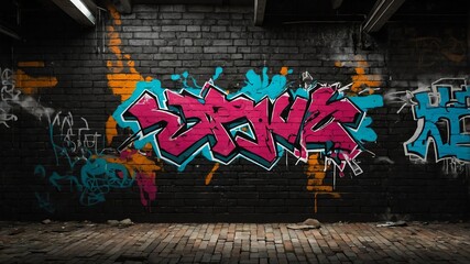 black brick wall with grungy texture and graffiti for background