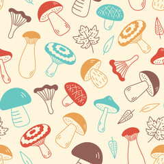 Falling Mushrooms Colorful Doodle Seamless Pattern. Cute hand drawn autumn and fall background in sketch style. Cep boletus leaf repeat vector illustration