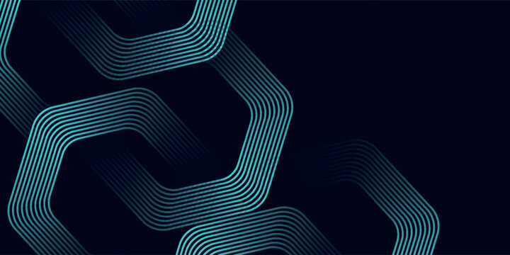 Modern dark blue abstract horizontal banner background with glowing geometric lines. Shiny blue diagonal rounded lines pattern. Futuristic concept