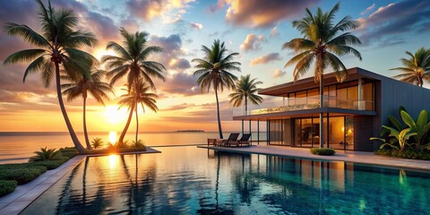 Obraz premium Exquisite modern villa surrounded by swaying palm trees, overlooking turquoise waters, bathed in warm golden light of a serene tropical sunset.