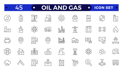 Oil and gas thin line web icon set. Outline icons collection. Oil and Gas icon set. Containing fuel, refinery, petroleum, oil well, gas pump, offshore platform, lubricant, oil barrel and more
