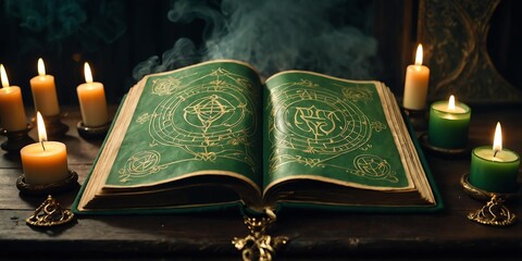 ancient green theme grimoire adorned with arcane symbo background