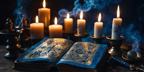 ancient blue theme grimoire adorned with arcane symbol background