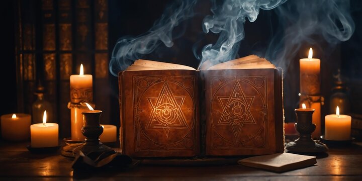 ancient orange theme grimoire adorned with arcane symb background