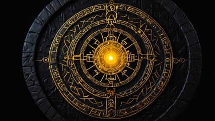 Fototapeta premium top view of an ancient runic magic circle with yellow background