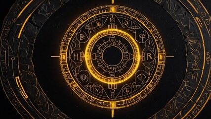 Fototapeta premium top view of an ancient runic magic circle with yellow background