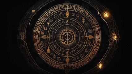 top view of an ancient runic magic circle with gold li background