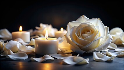 Fototapeta premium Elegant white rose petals softly glow in gentle candlelight against a dramatic black background, providing ample copy space for romantic or luxurious designs.