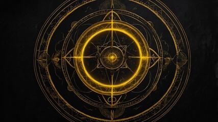 top view of an ancient alchemy magic circle with yello background