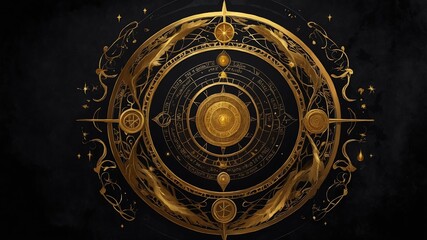 Obraz premium top view of an ancient alchemy magic circle with gold background
