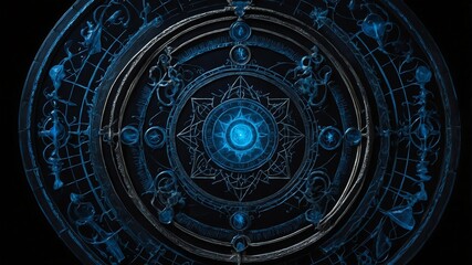 top view of an ancient alchemy magic circle with blue background