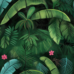 Illustrated Tropical Foliage with Various Green Leaves and Pink Flowers in a Lush Jungle Setting