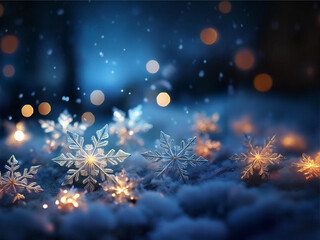 Obraz premium キラキラ輝く雪の結晶と青い夜の背景
