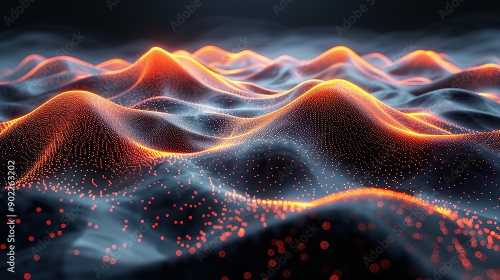 Poster high-resolution abstract black background with orange dots forming a mountain wave pattern
