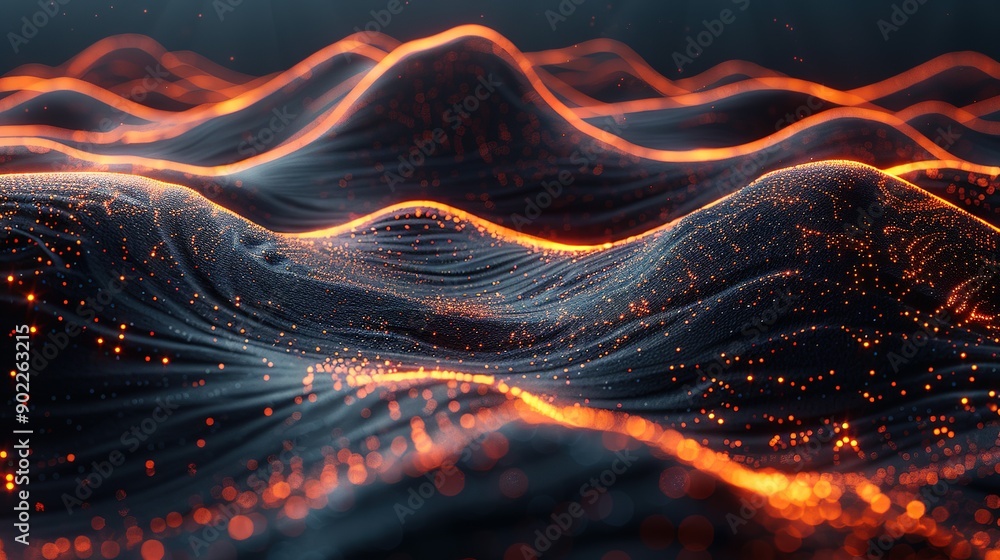 Poster high-resolution abstract black background with orange dots forming a mountain wave pattern