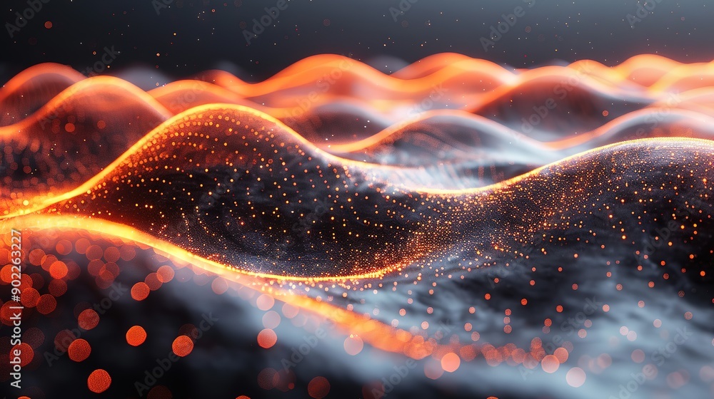 Poster high-resolution abstract black background with orange dots forming a mountain wave pattern