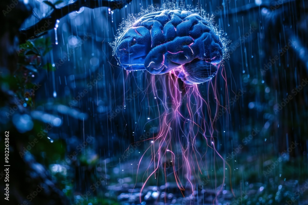 Poster brain model in a high tech display case with green neural pathways and detailed design