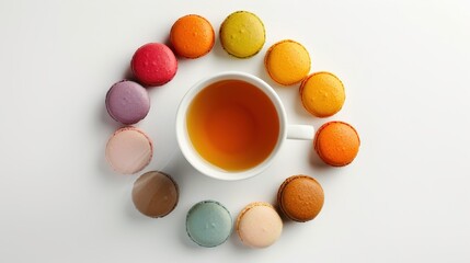 Colorful Macaroons and Steaming Tea Cup in Elegant Flat Lay
