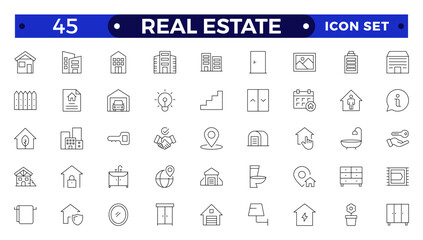 Real Estate minimal thin line web icon set. Included the icons as realty, property, mortgage, home loan and more. Outline icons collection. House, key, buy, sell, loan,  building, address, bedroom