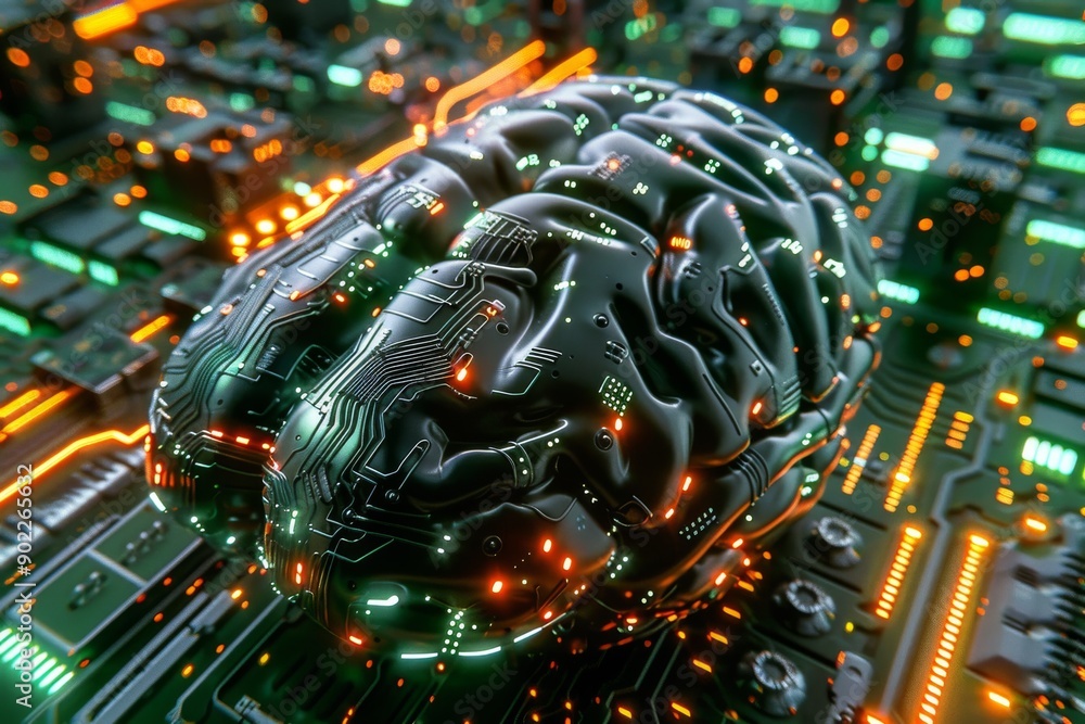 Poster brain model with intricate neural pathways on a green digital background representing advanced intel