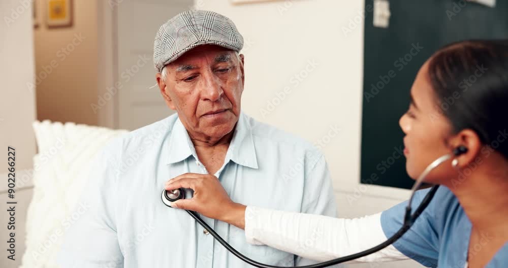 Poster Home, senior man and nurse with stethoscope, wellness and breathing with healthcare. Apartment, caregiver and medical with professional, elderly person and patient with checkup for lungs and asthma