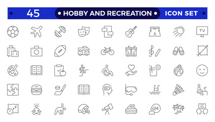 Hobby and recreation linear icons collection. Hobbies for children and adults at home and outdoors. Sports, diving, dancing, reading, drawing, music and singing, collecting, chess, astronomy, photo 