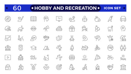 Hobby and recreation linear icons collection. Hobbies for children and adults at home and outdoors. Sports, diving, dancing, reading, drawing, music and singing, collecting, chess, astronomy, photo 