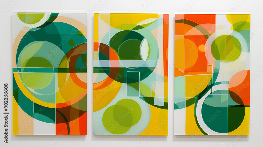 Wall mural A set of three abstract geometric wall art panels with vibrant circles and rectangles in green, orange, and yellow