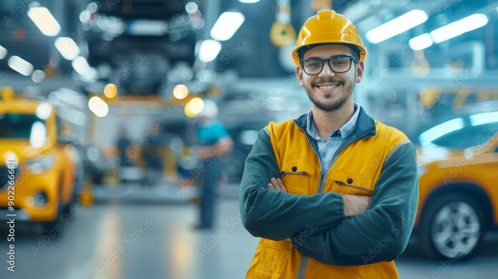 Poster smiling factory worker in industrial setting