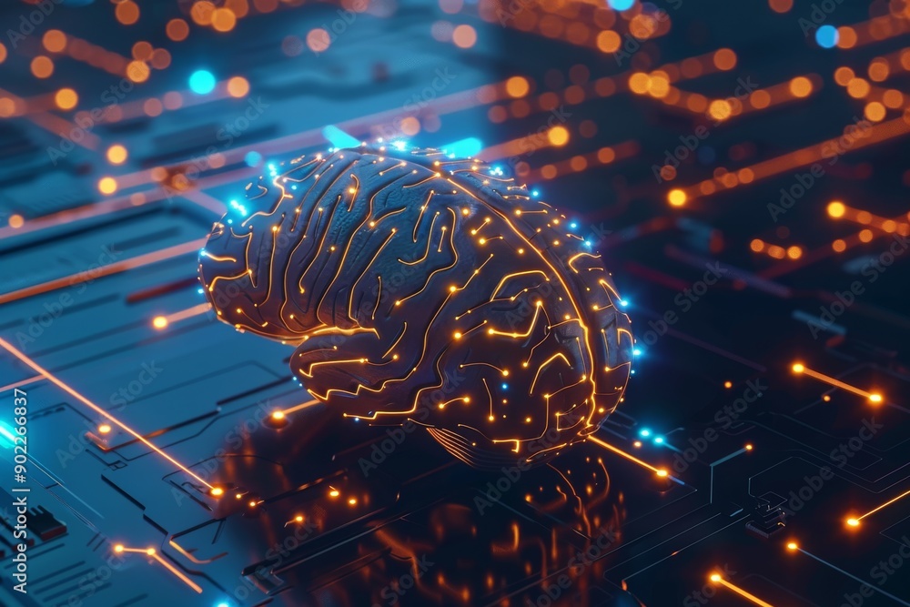 Aufkleber brain model integrated with high tech circuitry on a digital platform
