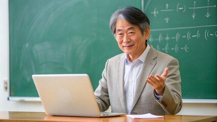 asian senior high school male teacher teach math online through webcam in classroom. with copy space image. Place for adding text or design