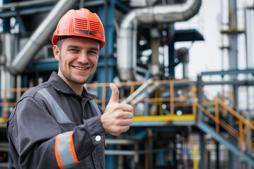Confident Male Engineer Giving Thumbs Up in Uniform Against Industrial Background