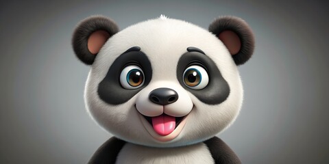 Naklejka premium Adorable cartoon panda with hilarious facial expression, tongue out, and crossed eyes, posed on a simple gray background, showcasing playful and mischievous personality traits.