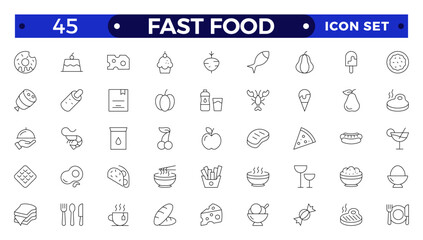 fast food outline icons. Fast food vector icon line set. Burger sandwich pizza hot dog cola coffee sweets