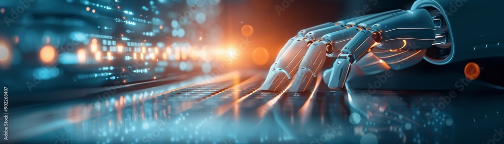 Aufkleber robot hand typing on keyboard in futuristic setting