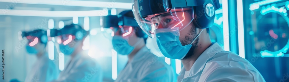 Poster scientists using virtual reality in futuristic lab