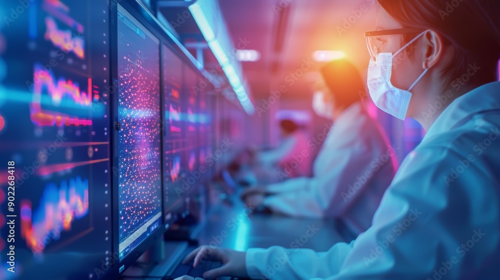 Poster scientists analyzing data on high-tech monitors