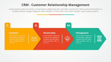 CRM customer relationship management infographic concept for slide presentation with big arrow rectangle shape right direction with 3 point list with flat style