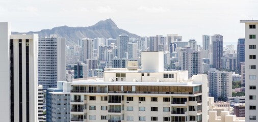 View across metropolitan Honolulu looking out toward Diamond Head from the Punchbowl Crater on Oahu.