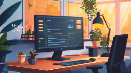 A modern office setup featuring a computer on a desk, surrounded by plants and lit by warm evening light.