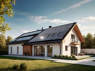 Close-up of a new suburban house with a photovoltaic system on the roof. Simple and modern environmentally friendly house with solar panels on the gable roof, with sunlight during the day