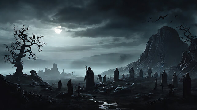A dark and atmospheric digital illustration of Helheim, the Norse realm of the dead, with eerie landscapes and ghostly figures, representing the afterlife, with space for text.