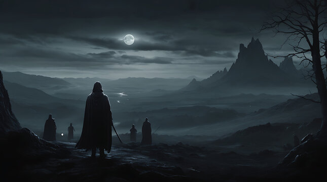 A dark and atmospheric digital illustration of Helheim, the Norse realm of the dead, with eerie landscapes and ghostly figures, representing the afterlife, with space for text.