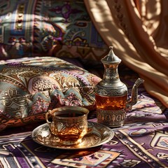 Iconic Abrian fabric is graced with sybbols of Arabia, in particular Arabic tea and dates, they symbolise Arabian hospitality