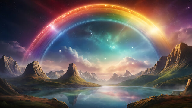 A vibrant digital illustration of Bifr&ouml;st, the Norse rainbow bridge connecting Asgard and Midgard, with brilliant colors and celestial effects, with space for text.